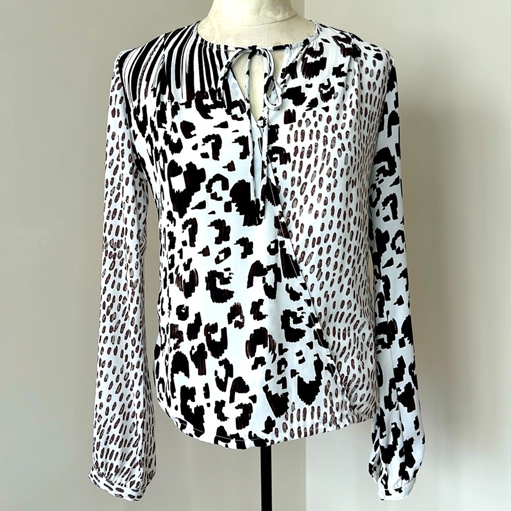 CAbi #590 Animal Print Faux Wrap Top. Size XS